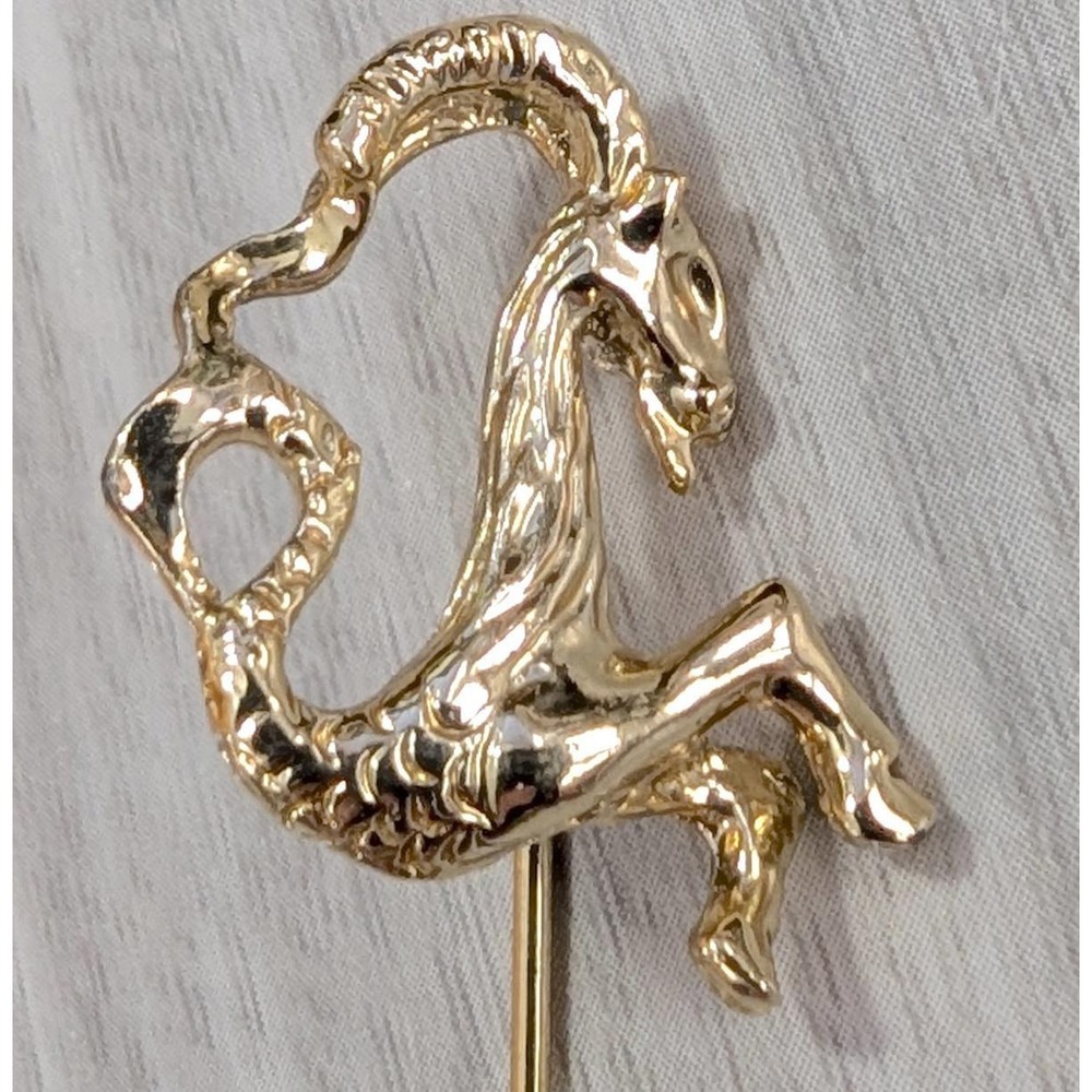 Vintage Capricorn Zodiac Goat Brooch Hat Lapel Stick Pin Gold Tone Farm Animal